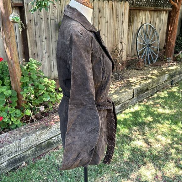 Vtg Y2K Marcelle Renee Brown Suede Leather Whipstitch Trench Coat Women's Small - Picture 3 of 16